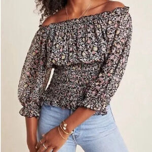 Anthropologie Lucia off the shoulder smocked floral top size small